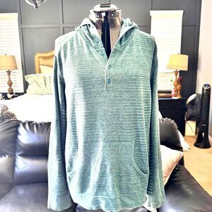 prAna Men’s Large Green Striped Henley Hoodie – Lightweight Knit Kangaroo Pocket